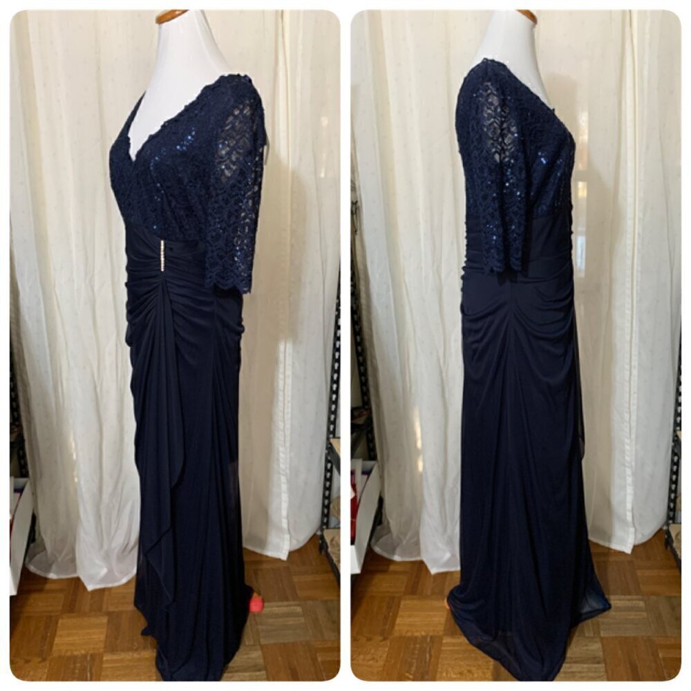 Betsy & Adam Women's Long 3/4 Sleeve V-Neck Lace Sheer Matte Jersey Gown 12 Navy - Picture 4 of 11